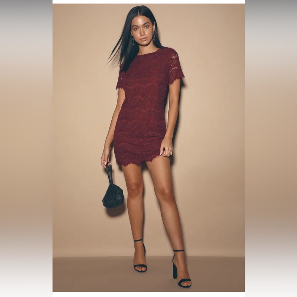 Lulu’s Take Me To Brunch Lace Shift Dress Burgundy